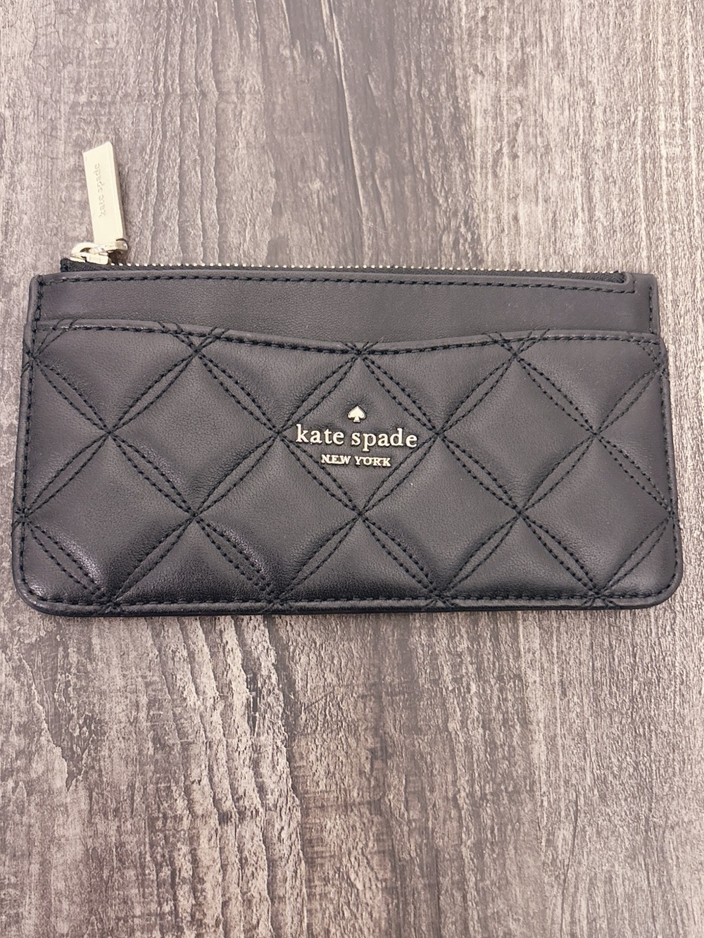 Kate Spade ♠️ Black Quilted Leather Zip 6 inch Card Holder Wallet